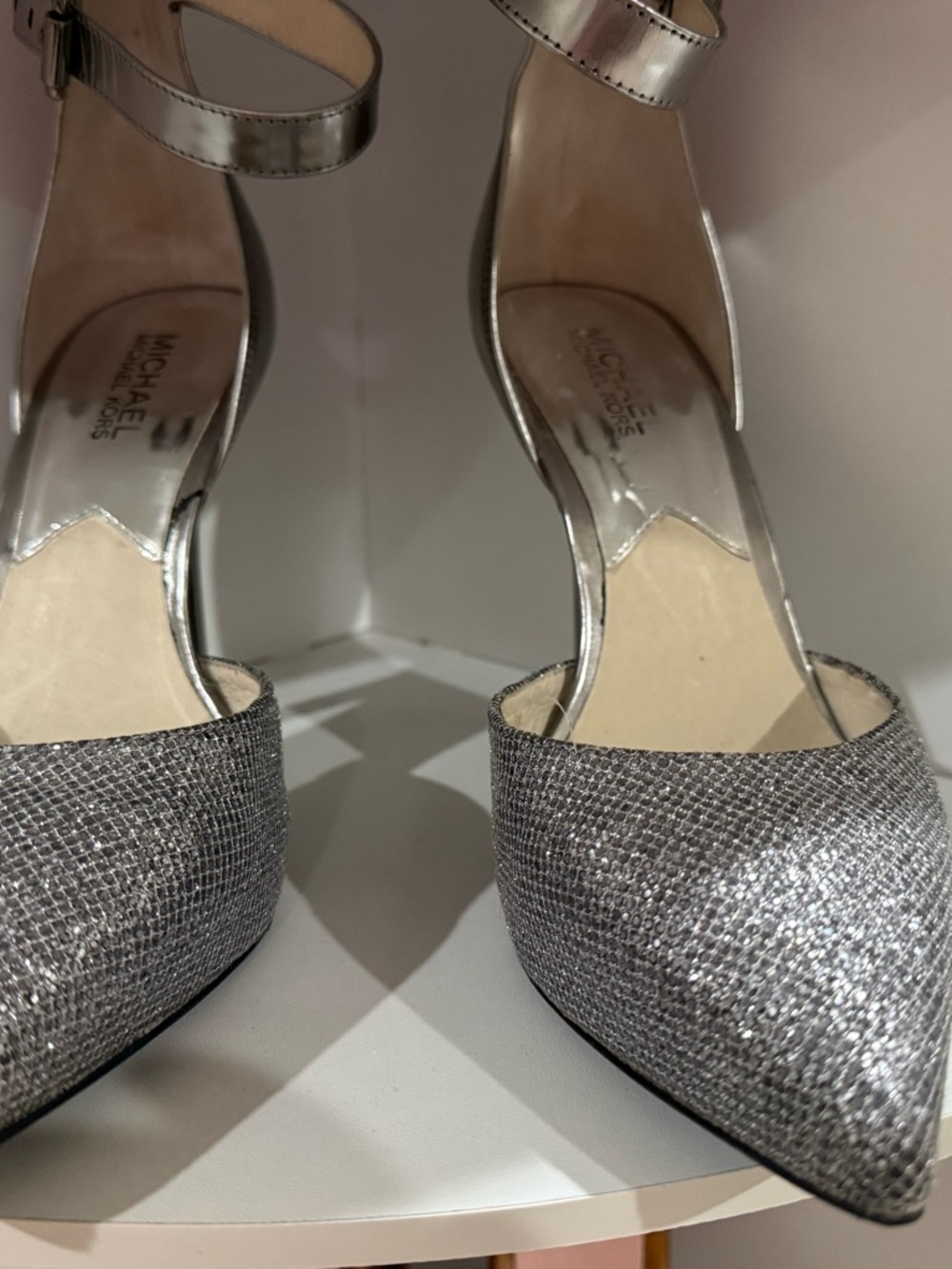 Michael Kors Metallic Silver Pointed Toe Ankle Strap Heels